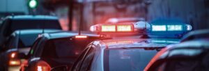 A police car in a line of traffic. Find out what driving patterns police look for as signs of intoxication with a legal professional.