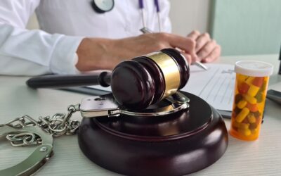 A doctor sits at a DUI lawyer’s desk near a gavel and a bottle of prescription pills, wondering about the six things to do after a prescription DUI drug arrest.