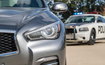 A police car parked behind a civilian car during a traffic stop for a suspected DUI.